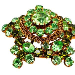Austrian Crystal Brooch Vintage Peridot Green Rhinestone Dome Tiered Statement